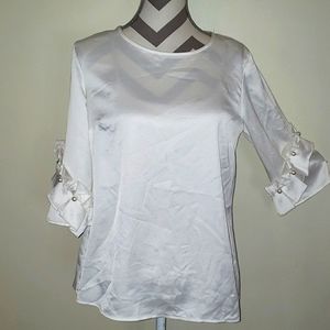 Msk. Satin finish ruffle and pearl sleeve blouse
